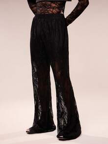 FeverCity Men's Fashionable Sexy Sheer Lace Pants - Black - View 1