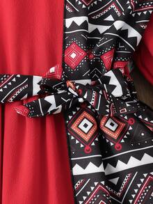 SHEIN Baby Girl Floral Retro Print Shawl Collar Casual Dress, Suitable For Daily, Vacation Wear, Spring/Autumn - Red - View 8