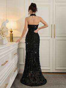 Poshira 奢华亮片正式礼服，高端优雅派对礼服 - 黑色 - 查看 3
