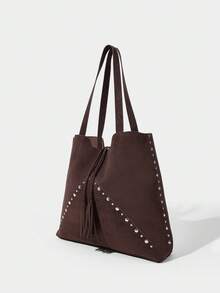 SHECARRY Ladies Large Capacity Suede Rivet Trim Shoulder Tote Bag - coffee color - View 3
