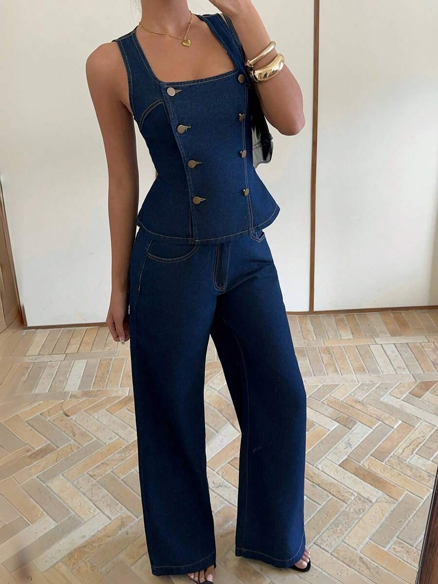 Siren Gaze 两件套：牛仔效果短款背心和阔腿休闲裤 - 深色水洗藍 - 查看 1