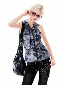 Bloopia 女士迷彩印花无袖连帽拉链开衫 - 彩色 - 查看 4