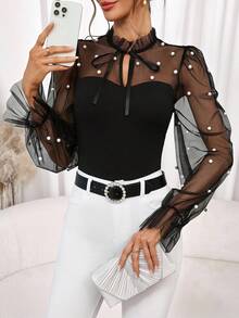 Editum Women's Elegant Romantic Ruffle Trim Collar Splice Sheer Beaded Long Sleeve Black Blouse, Valentine's Daychristmaselegantcasualgraphic - Black - View 8