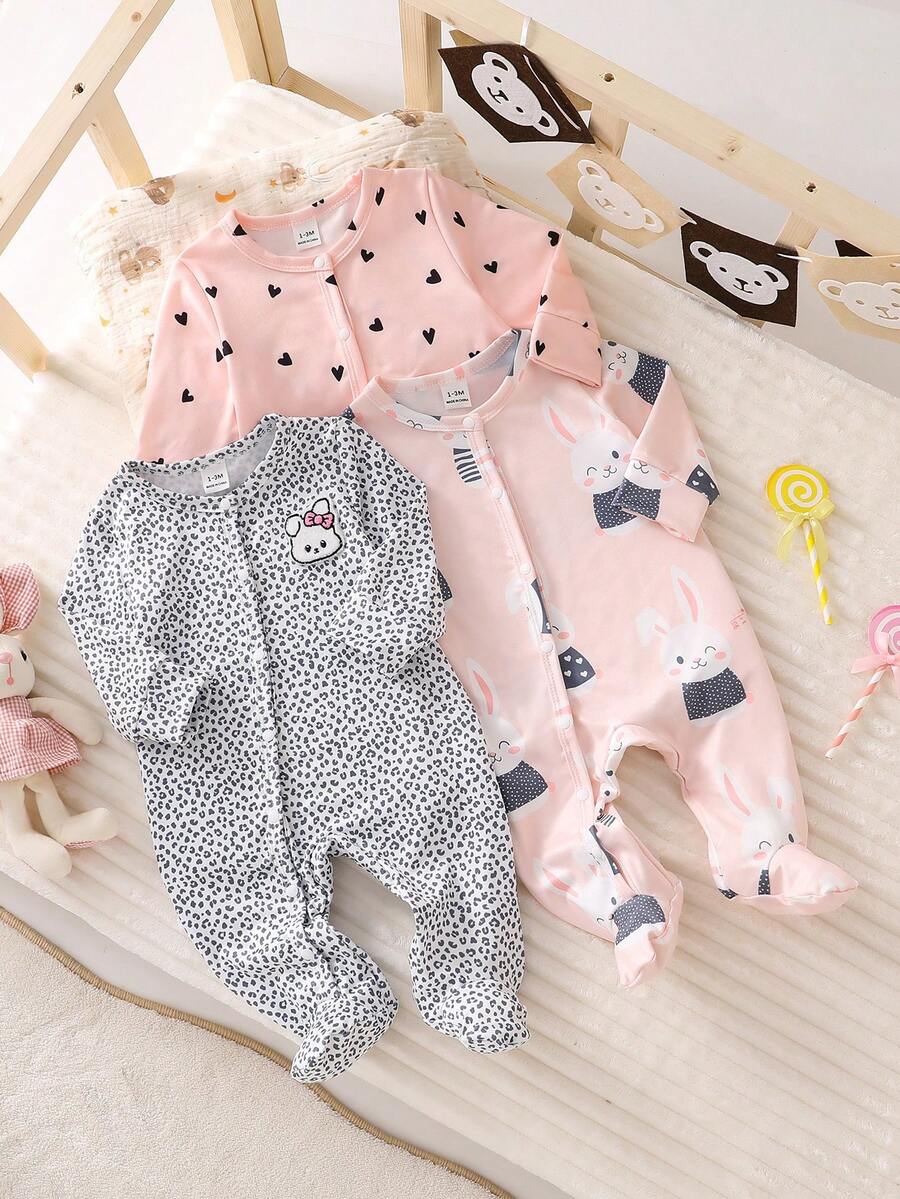 Newborn Simple Stylish Sweet Long Sleeve Full Length Jumpsuit Pajama Set - Multicolor - View 1