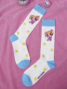 THE POWERPUFF GIRLS X SHEIN 1 Pair Women Cartoon & Letter Graphic Blue Calf Socks - Multicolor - View 2