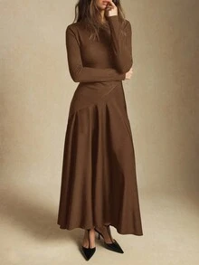 BizChic 2026春夏新款棕色圆领不对称剪裁缎面拼接飘逸下摆女装，现代优雅都市通勤日常浪漫90年代复古风圣诞节新年情人节派对海滩毕业典礼时尚嘉年华假日百搭简约浪漫，适合婚礼宾客、主人、约会、派对、音乐会、早午餐、机场等多种场合。 - 棕色 - 查看 2