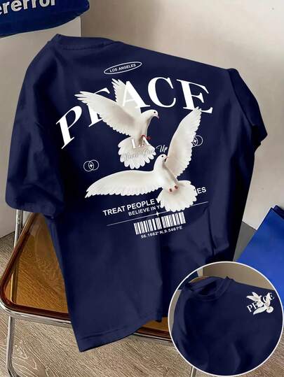 SHEIN Men's Casual Fashion Street Pigeon Logo Print Loose Fit Short Sleeve T-Shirt, Summer