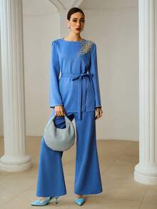 ZEYLAH 女士优雅宴会水钻仿珍珠装饰网纱喇叭袖上衣配腰带和喇叭裤两件套 - 藍色 - 查看 1