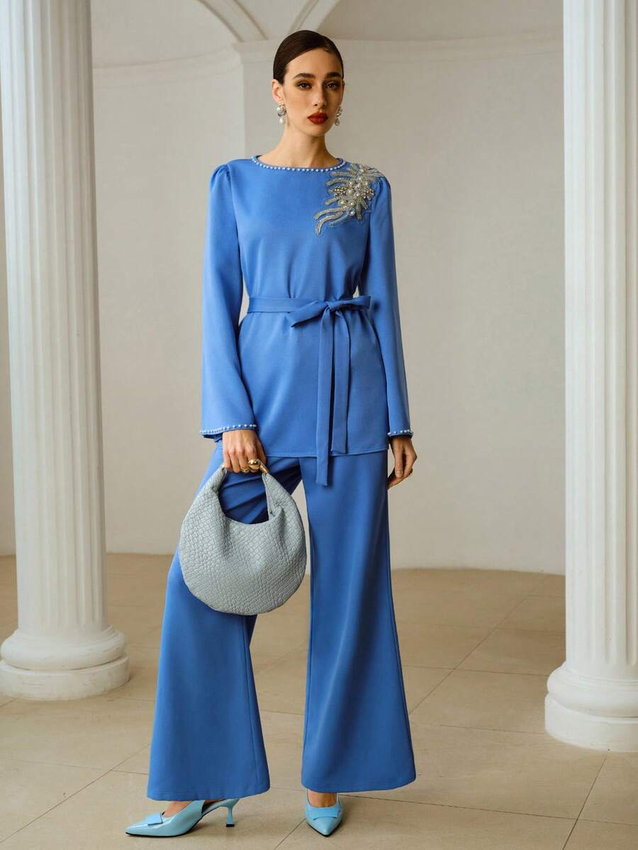 ZEYLAH 女士优雅宴会水钻仿珍珠装饰网纱喇叭袖上衣配腰带和喇叭裤两件套 - 藍色 - 查看 1