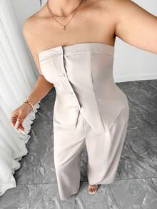 SHEIN Elenzya Plus Size Elegant Commuter Solid Color Tube Top And Pants Two Pieces Set, Summer - Light Grey - View 6
