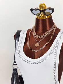 Amplova Sexy Rhinestone Embellished Backless Bodysuit For Women - White - View 5