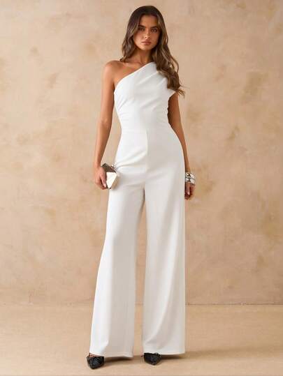 SHEIN BAE Black Asymmetric Asymmetrical Shoulder Fitted Wide Leg Jumpsuit For Women, Elegant Going Out Outfit For Daily, Date, Party, Gathering