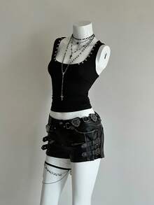 Jeanoix Women's Sexy Metallic Decor Minimalist Bodycon Camisole For Commuting - Black - View 5