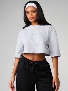 MISSGUIDED Oversized Branded Edition Crop Top Short Sleeve Crew Neck T-Shirt For Casual Everyday Wear Spring Summer - Grey - View 5