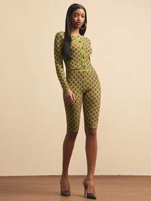 NYA SZN 长袖修身短款上衣，纽扣设计，日常休闲格纹印花图案，适合日常休闲、音乐会、生日约会、商务休闲、办公室、秋冬季通勤穿着，针织弹力面料，女款 - 綠色 - 查看 3