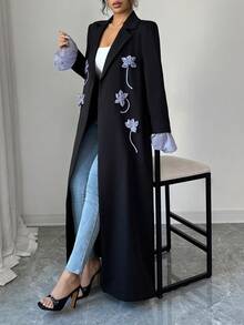 Yasmyna Áo Abaya thanh lịch dành cho nữ, cổ ve áo, tay loe, họa tiết hoa. - màu đen - Xem 5