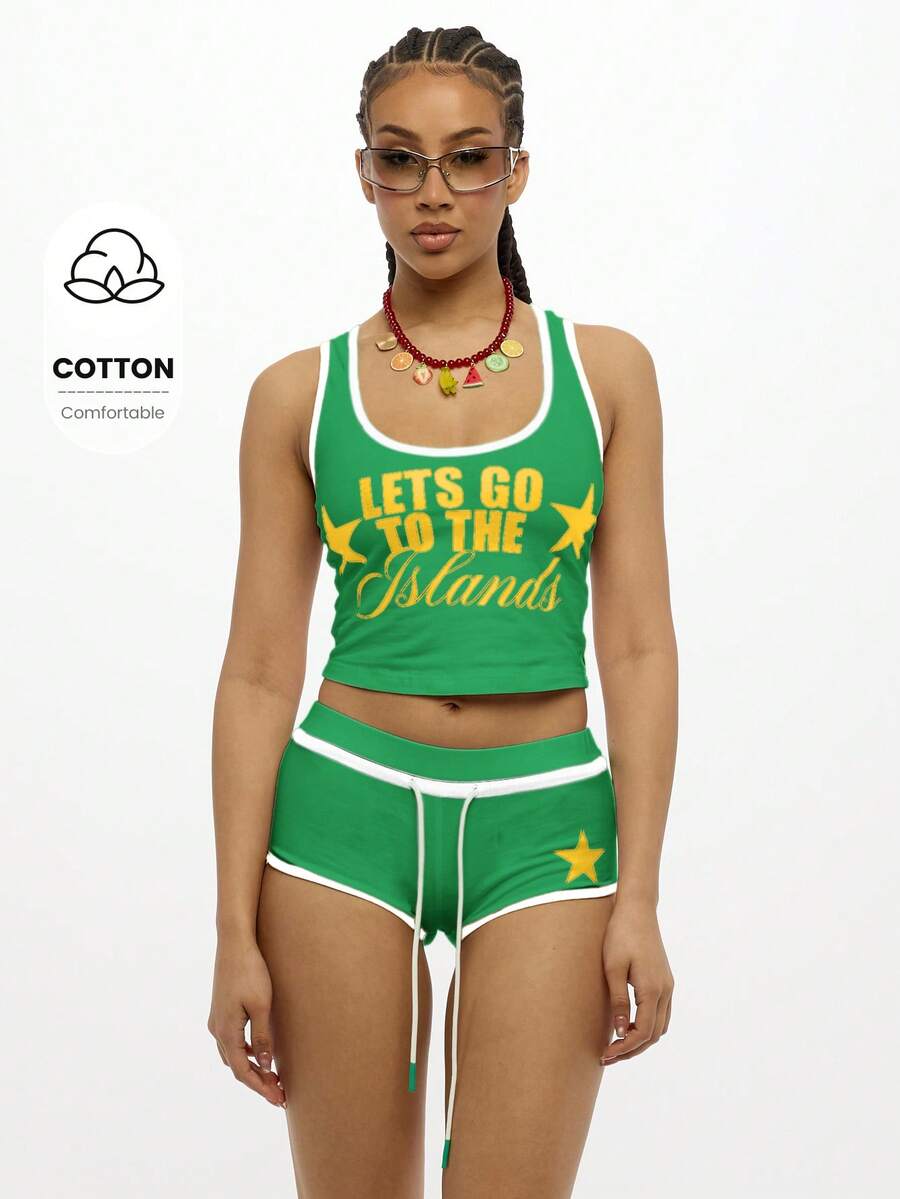 SUMWON WOMEN Women Two Piece Set Green Graphic Print Vest Tank And Booty Shorts Casual Summer Festival Island Vacation Outfit - Green - View 1