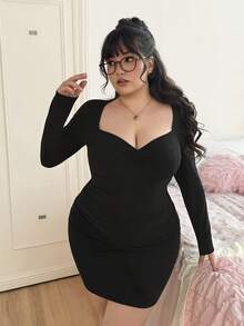 SHEIN EZwear Plus Size Women Casual Sexy Sweetheart Neck Lace Trim Ruched Bodycon Black Dress Cleavage Dress Ruched Bodycon Dress Tight Black Dress Black Sexy Dress Women Black Club Dress - Black - View 7