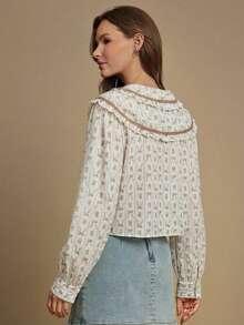 WESTFADE Floral Bow Stripe Double Layer Ruffle Peter Pan Collar Button Front Long Sleeve Blouse Top - Pink - View 2