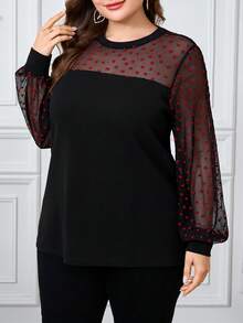 SHEIN Clasi 大码女式心形网纱拼接长袖时尚衬衫 - 黑色 - 查看 9