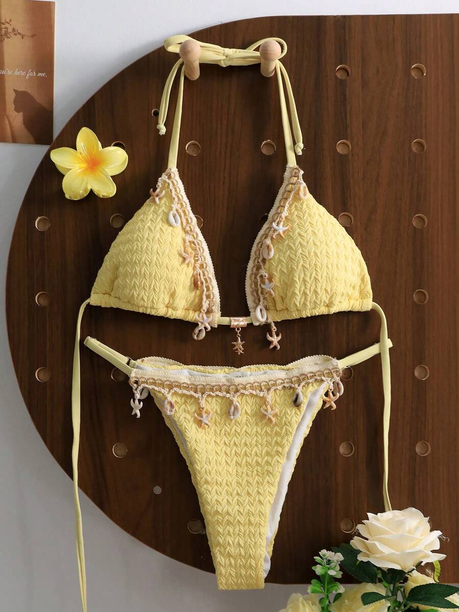 Swim Vcay 2026新款春季柠檬奶油黄纹理针织比基尼套装，三角挂脖式泳衣，饰以贝壳和海星图案，高腰巴西式泳裤，可调节细肩带，超柔软弹力面料，海滩度假必备，泳池派对必备 - 黃色 - 查看 1