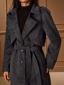 Lilora 女士复古高端极简羊毛混纺风衣，收腰中长款羊毛大衣，冬季必备 - 黑色 - 查看 8