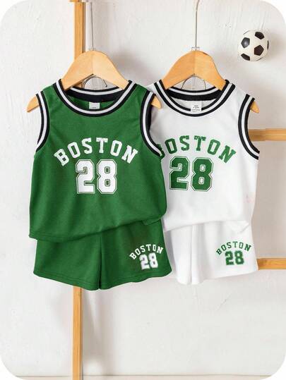 SHEIN 4件套男婴夏季休闲运动篮球服套装，无袖上衣和短裤，可爱字母图案