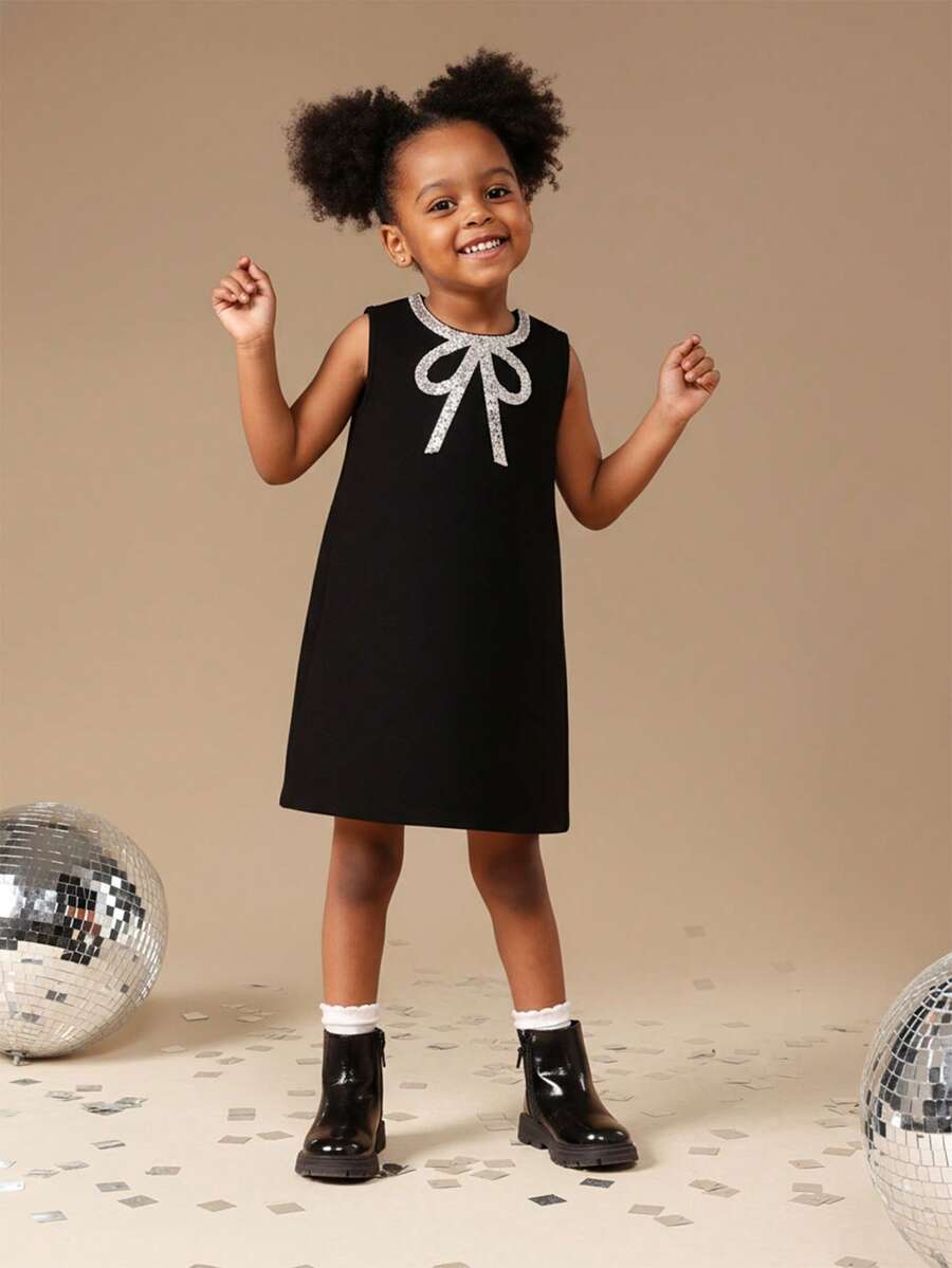 SUMWON Sleeveless A-Line Mini Dress With Embellished Bow Detail For Special Occasions - Black - View 1