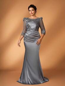 Serin Váy xẻ tà thấp bằng vải satin màu xám than sang trọng, thanh lịch cỡ lớn, thêu hạt cườm, viền đuôi cá, thích hợp cho dạ hội, tiệc độc thân, hẹn hò, vũ hội, kỳ nghỉ, đám cưới, mẹ cô dâu, khách - Màu xám đen - Xem 9