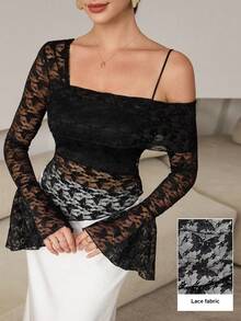 Modelyn Women's Sexy Asymmetric Shoulder Long Sleeve Asymmetrical Cropped Lace Sheer Flare Sleeve Blouse - Black - View 2