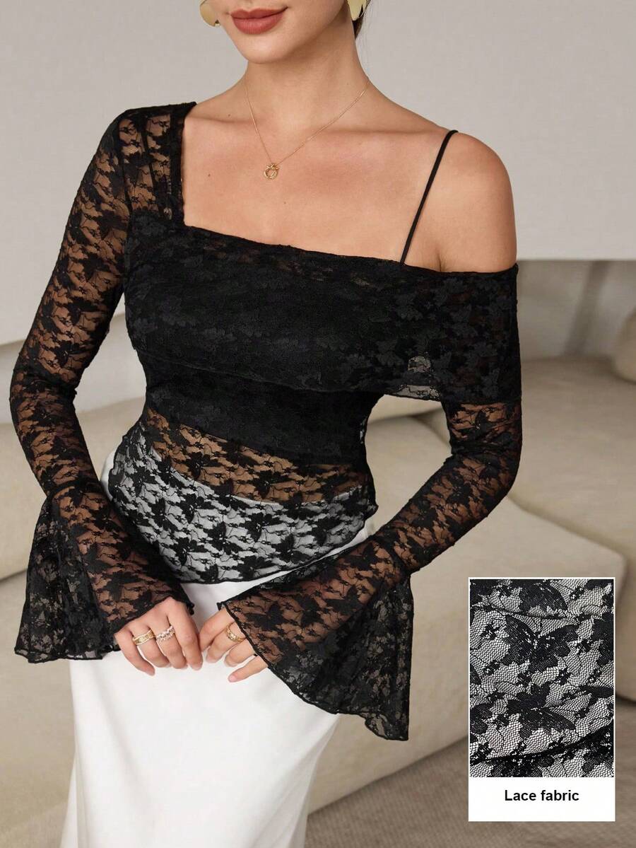Modelyn Women's Sexy Asymmetric Shoulder Long Sleeve Asymmetrical Cropped Lace Sheer Flare Sleeve Blouse