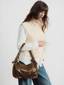 女士纯色简约大容量单肩包，休闲日常使用 - 咖啡 - 查看 6