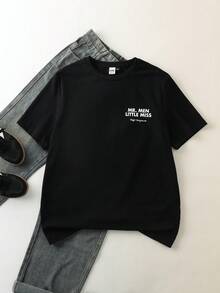 Mr Men Little Miss X SHEIN Men's Casual Cartoon & Letter Graphic Round Neck Short Sleeve T-Shirt, Summer - Black - View 4