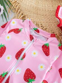 SHEIN 新生儿草莓雏菊印花插肩长袖连体泳衣 - 紅色 - 查看 5