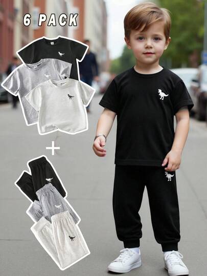 SHEIN Streecool Kids 3pcs/Set Young Boys' Summer Dinosaur Graphic Black, Gray, Light Gray Simple Short Sleeve T-Shirt And Matching Pants Set, Suitable For Outings, Casual Wear, Sports, And Events