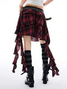 Bloopia Women's Plaid Print Ruffle Hem Retro Skirt - Red - View 2