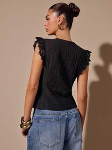 SHEIN BAE 黑色蕾丝无袖V领极简上衣，黑色蕾丝吊带背心 - 黑色 - 查看 2