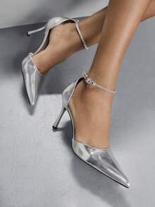 CUCCOO SZL Tacones altos de punta con tira de tobillo con strass para mujer, ideales para fiestas - Plateado - Ver 1