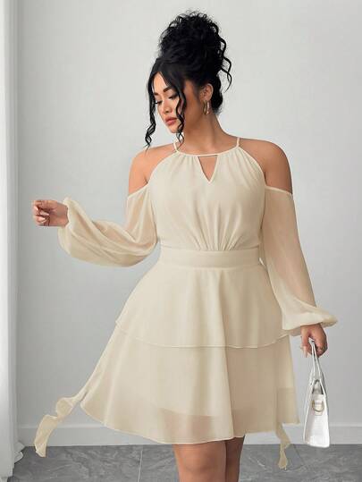 Elenzga Vestido de mujer de unicolor con hombros descubiertos, cuello con abertura y mangas farol