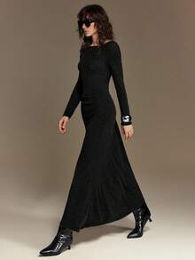 Ontre 2026春夏新款女士修身简约百搭超长连衣裙，都市通勤商务休闲装，情人节派对、婚礼宾客、度假等场合的优雅之选 - 黑色 - 查看 6