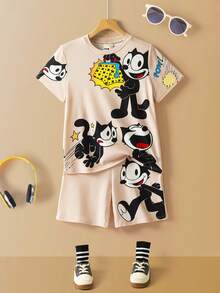 SHEIN Felix The Cat مجموعة ملابس علوية كم قصير وشورت بطبعة قطة لصبي مراهق، مريحة وناعمة - متعدد الألوان - مشاهدة 1