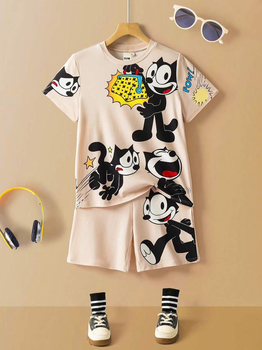 SHEIN Felix The Cat مجموعة ملابس علوية كم قصير وشورت بطبعة قطة لصبي مراهق، مريحة وناعمة - متعدد الألوان - مشاهدة 1