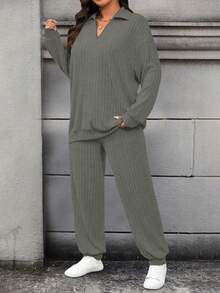 Calvaya Bộ 2 món áo thun dài tay trơn màu trễ vai cỡ lớn dành cho nữ - xanh quân đội - Xem 7