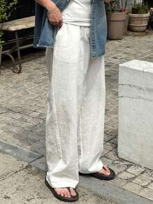 DAZY Men's Solid White Elastic Waist Pants, Lightweight Crinkle Fabric, Spring/Summer - White - View 2