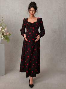 Momance Maternity Heart Print Ruffle Neck Long Sleeve Elegant Dress - Beige - View 4