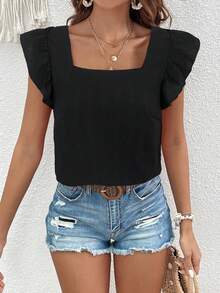 SHEIN VCAY 纯色泡泡袖荷叶边衬衫夏季女式沙滩方领女式上衣