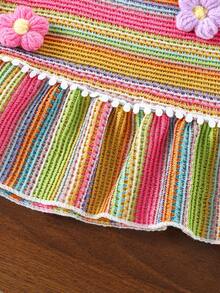 SHEIN Vintaside Kids 2件套女婴花卉彩虹条纹针织无袖上衣，带波点荷叶边 + 舒适阔腿短裤，夏季 - 黃色 - 查看 4