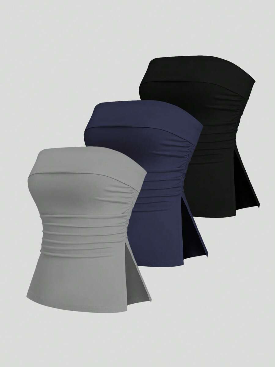 Sweetra 3件套女士纯色褶皱开衩设计休闲百搭抹胸上衣 - 彩色 - 查看 1