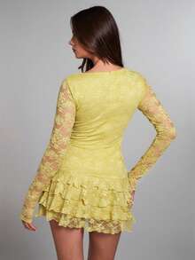 SHEIN BAE Women's Elegant Yellow Autumn Lace Trim Layered Ruffle Hem Mini Dress,Solid Color Long Sleeve Floral Dress For Date,Night Club,Birthday Party - Yellow - View 2