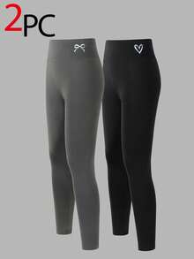 2pcs/Set Girls' Leggings, Minimalist Black & Dark Grey Combo With Bow & Heart Print, Comfortable Long Pants, Suitable For Tween Girls - Black - View 6